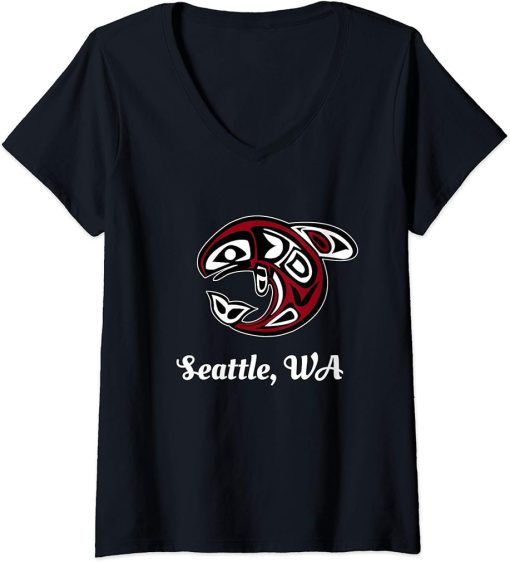 Womens Native American Seattle WA Tribal Orca Killer Whale V-Neck T-Shirt
